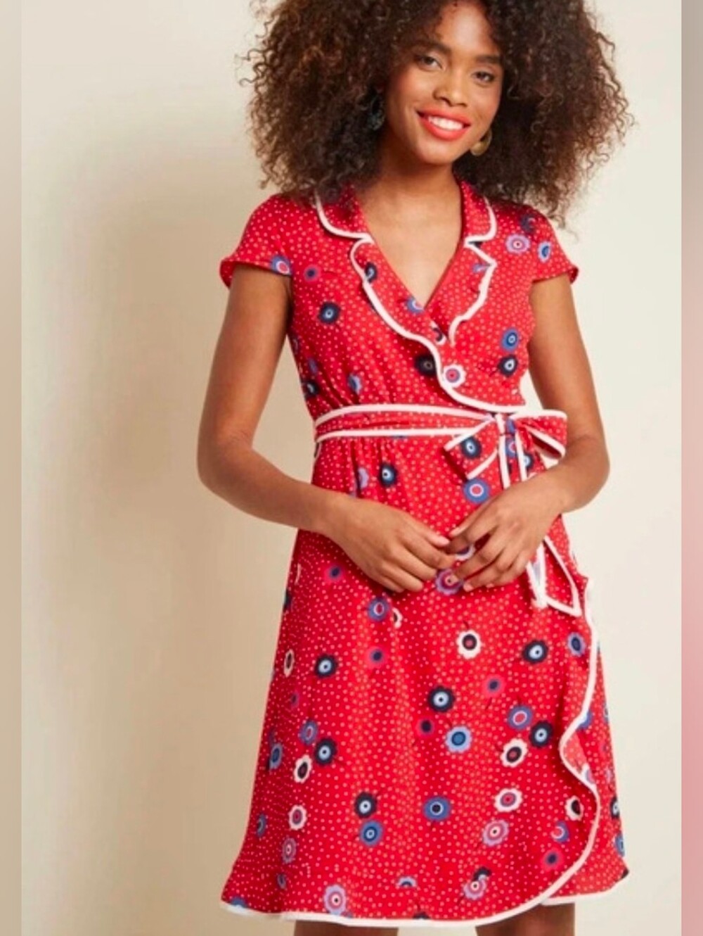 ModCloth Red Dotted Floral "Daytime Dapper" Wrap Dress, Size Medium